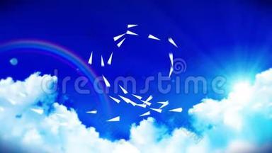 用<strong>云朵</strong>和彩虹在蓝天上<strong>流动</strong>的白纸平面动画.. 务或创新理念.. 商业邮件。 手工制作